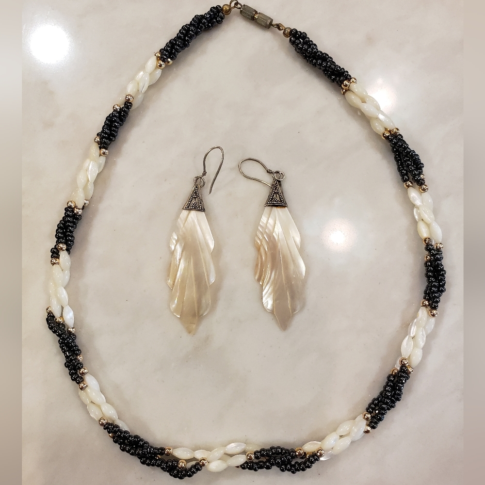 Onyx and Mother of Pearl Bead Necklace and Earring Set